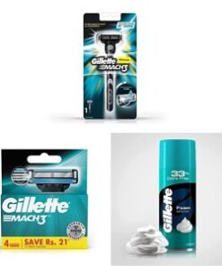 Gillette Mach3 Razor – 1 Count and Gillette Mach 3 Manual Shaving Razor Blades – 4s Pack (Cartridge) combo pack and Gillette Sensitive Skin Shave Foam – 418 g super value combo pack