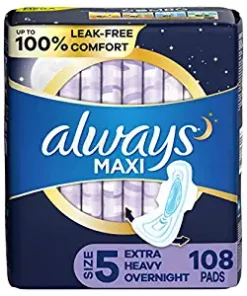 Always Maxi Feminine Pads with Wings for Women, Size 5, Extra Heavy Overnight, Unscented, 36 Count – Pack of 3 (108 Count Total)