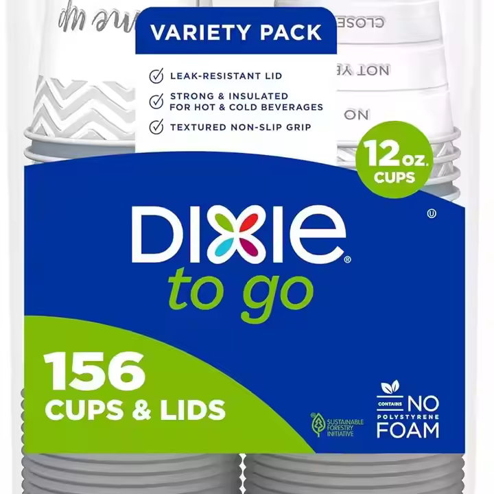 Dixie to Go Disposable Hot Beverage Paper Coffee Cups with Lids, 12 Oz, 156 Count, Assorted Designs
